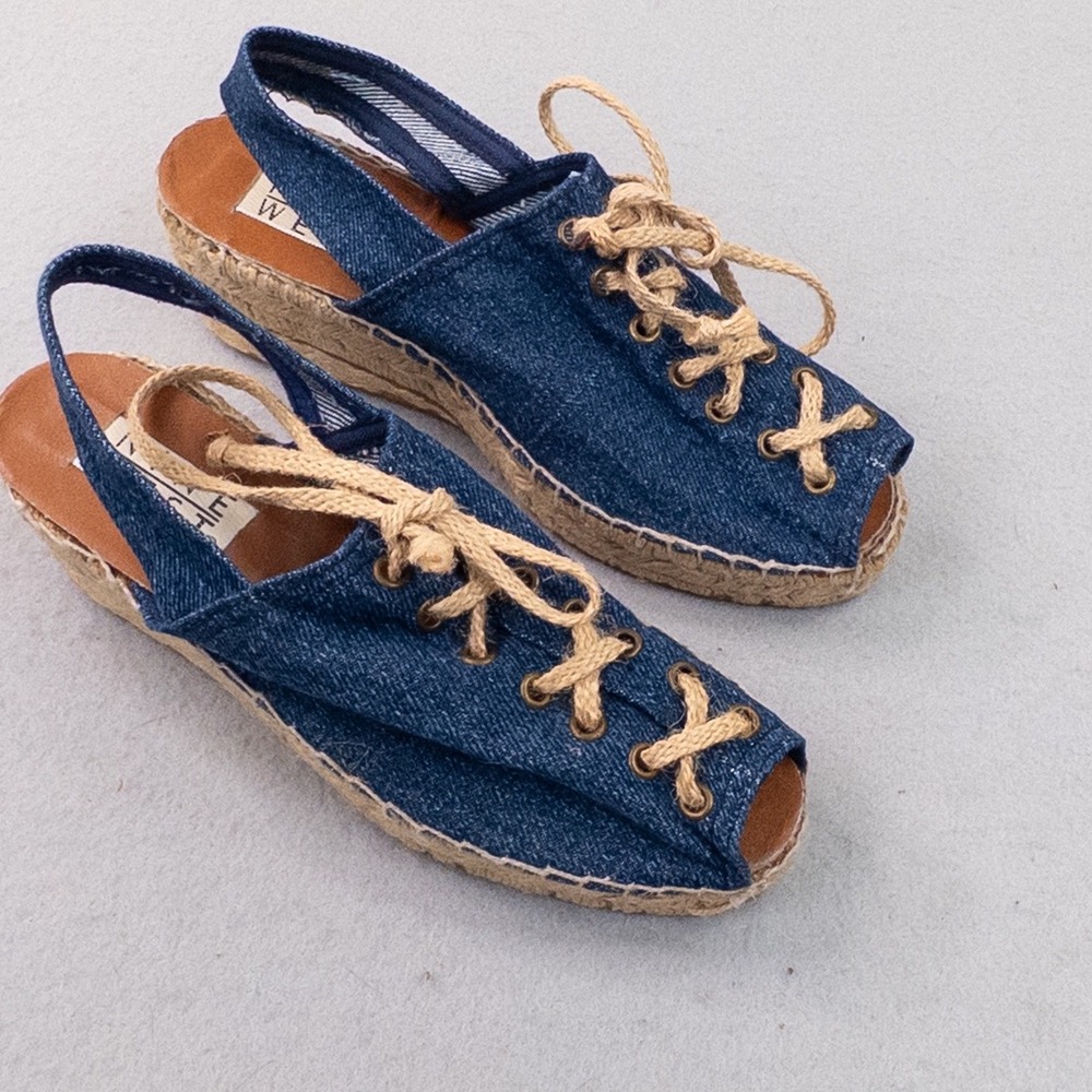 Vintage Nine West Denim Espadrille Platform Wedges Peep Toe Slingback Sandals